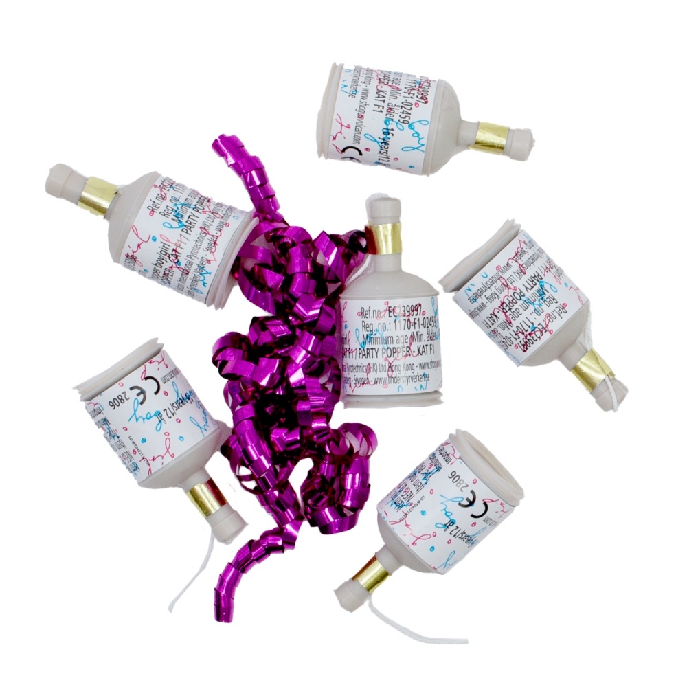 Gender Reveal Party Poppers Lilla - 6 stk (5,5 x 2,5 x 2,5 cm) | Gender Reveal Fyrværkeri - Temashop