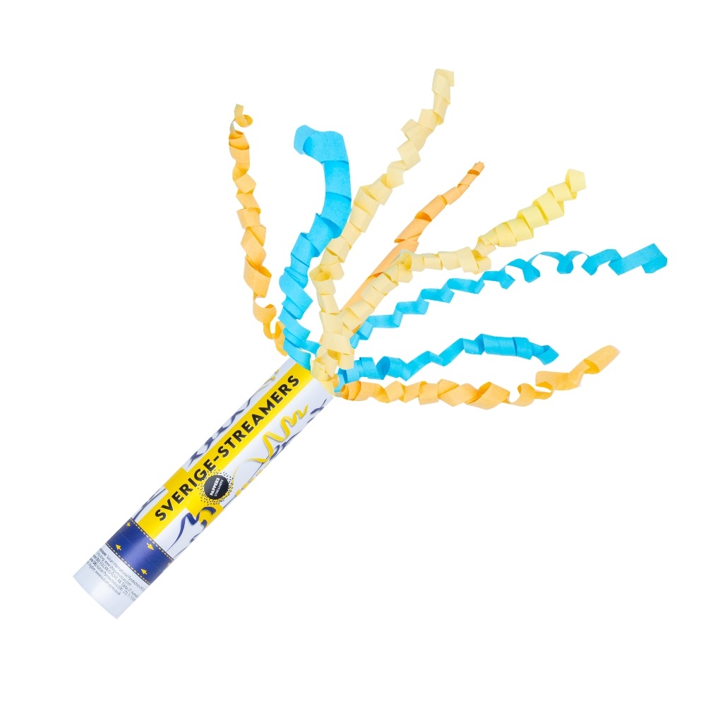 Sverige Konfettikanon Blå/Gul - 1 stk (25 cm) | Sverige Pulverkanon - Temashop