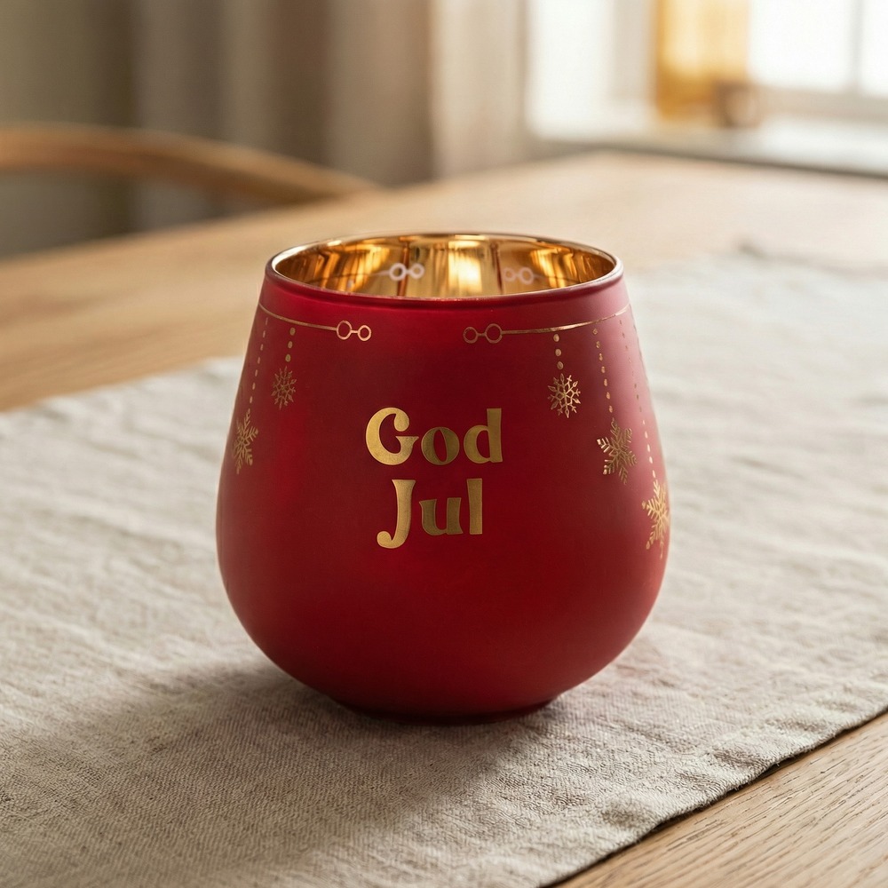 God Jul Spejllys Rød - 1 stk (10 x 9,5 x 10 cm) | Julepynt Lysestager - Temashop