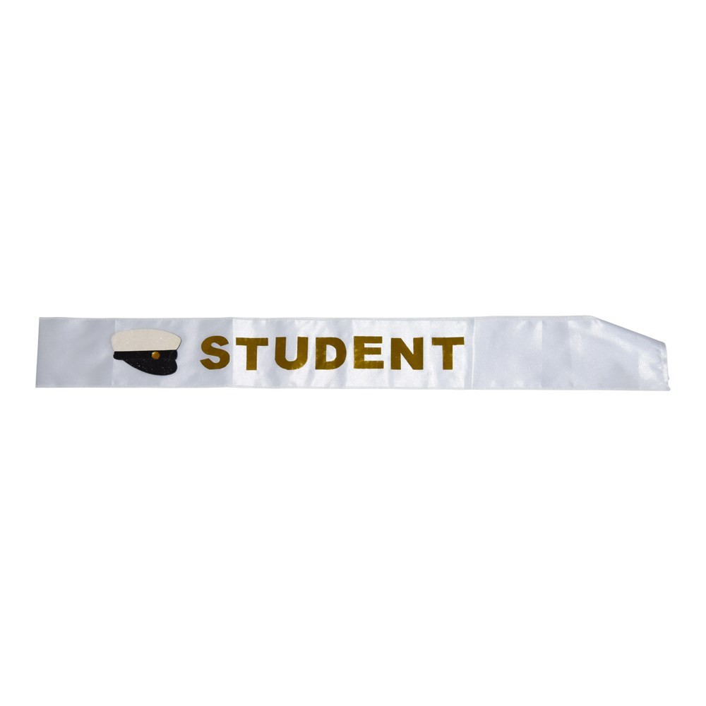 Student Skråbånd Hvid/Guld (78 x 9 cm) | Studerende Skråbånd - Festtilbehør - Temashop