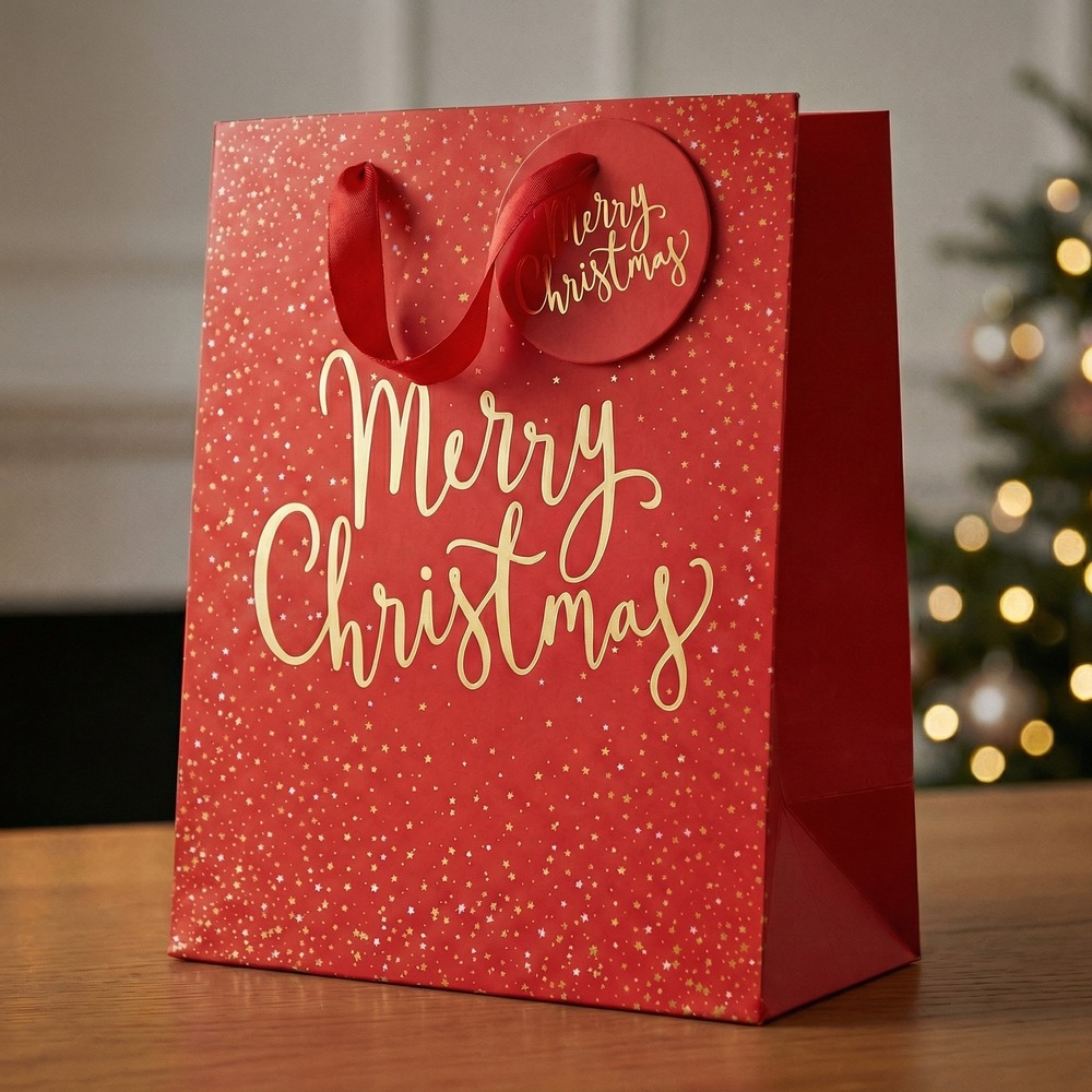 Merry Christmas Gavepose Rød - 1 stk (18 x 23 x 10 cm) | Julegave Poser / Goodiebags - Temashop