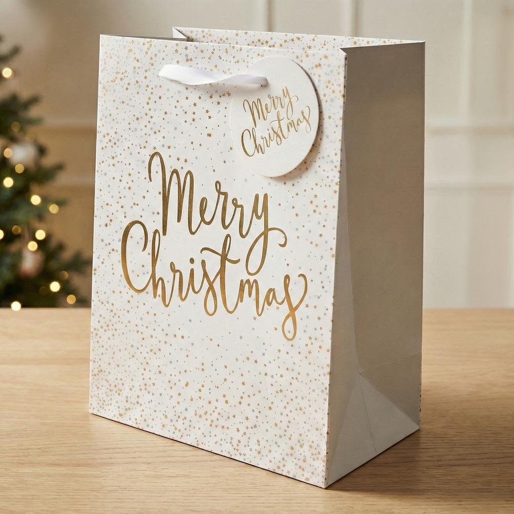 Merry Christmas Gavepose Hvid - 1 stk (18 x 23 x 10 cm) | Julegave Poser / Goodiebags - Temashop