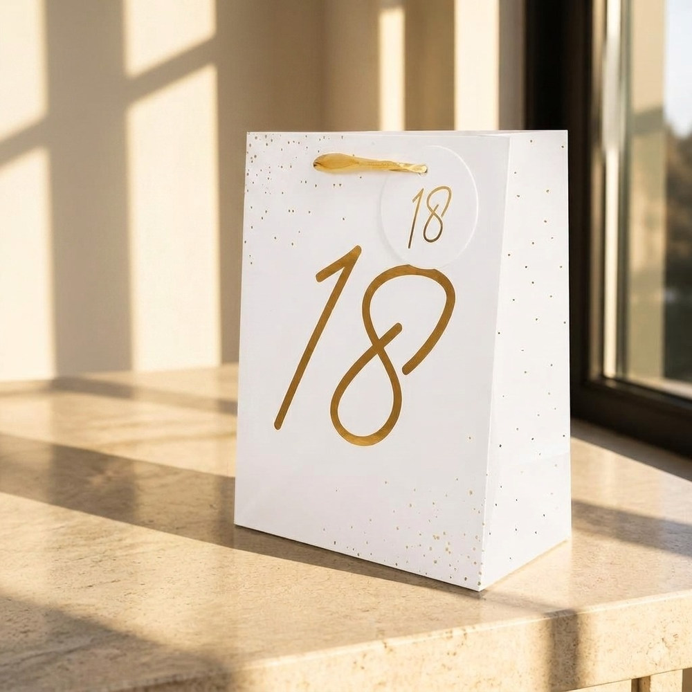 18 Års Gavepose Hvid/Guld - 1 stk (18 x 23 x 10 cm) | 18 år Poser / Goodiebags - Temashop