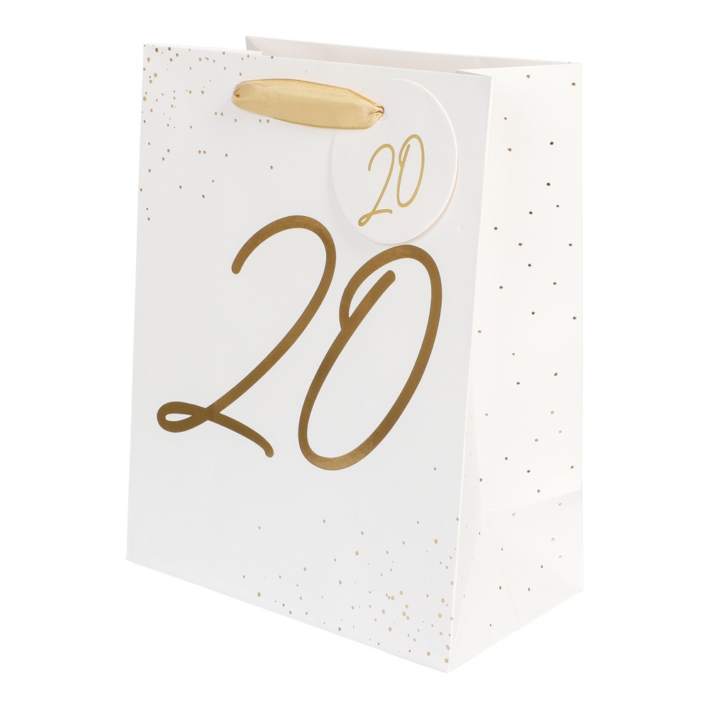 20 Års Gavepose Hvid/Guld - 1 stk (18 x 23 x 10 cm) | 20 år Poser / Goodiebags - Temashop