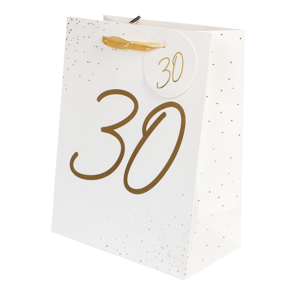 30 Års Gavepose Hvid/Guld - 1 stk (18 x 23 x 10 cm) | 30 år Poser / Goodiebags - Temashop