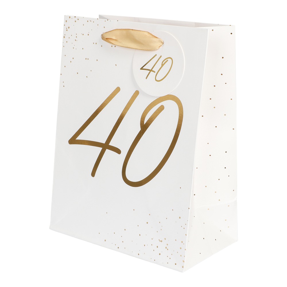 40 Års Gavepose Hvid/Guld - 1 stk (18 x 23 x 10 cm) | 40 år Poser / Goodiebags - Temashop