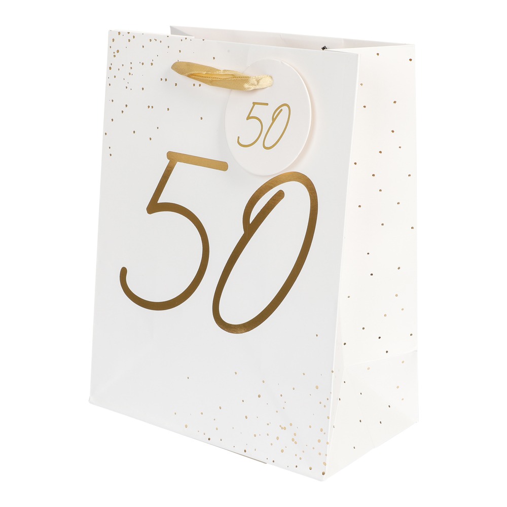 50 Års Gavepose Hvid/Guld - 1 stk (18 x 23 x 10 cm) | 50 år Poser / Goodiebags - Temashop