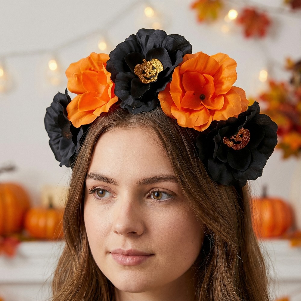 Halloween Blomster Hårbøjle Sort/Orange | Halloween Hårbøjle / Pandebånd / Hårbånd - Hovedtilbehør - Temashop