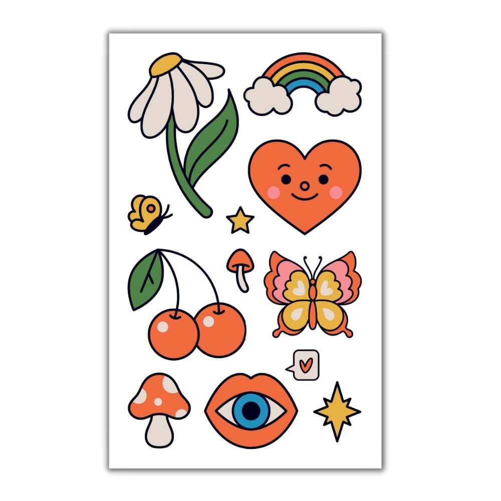 Søde Retro Falske Tatoveringer (10,5 x 20 cm) | Kawaii Falske tatoveringer - Festtilbehør - Temashop