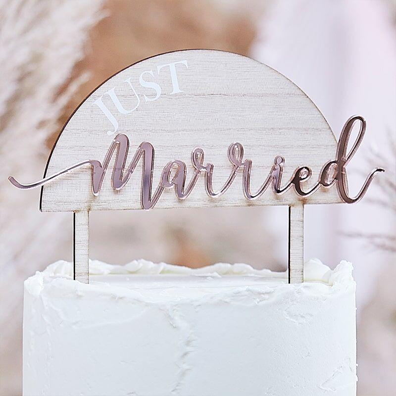 Just Married Træ Kagetopper Rosaguld - 1 stk (16,5 x 18 cm) | Bryllup Kagefigur / kagetopper - Temashop