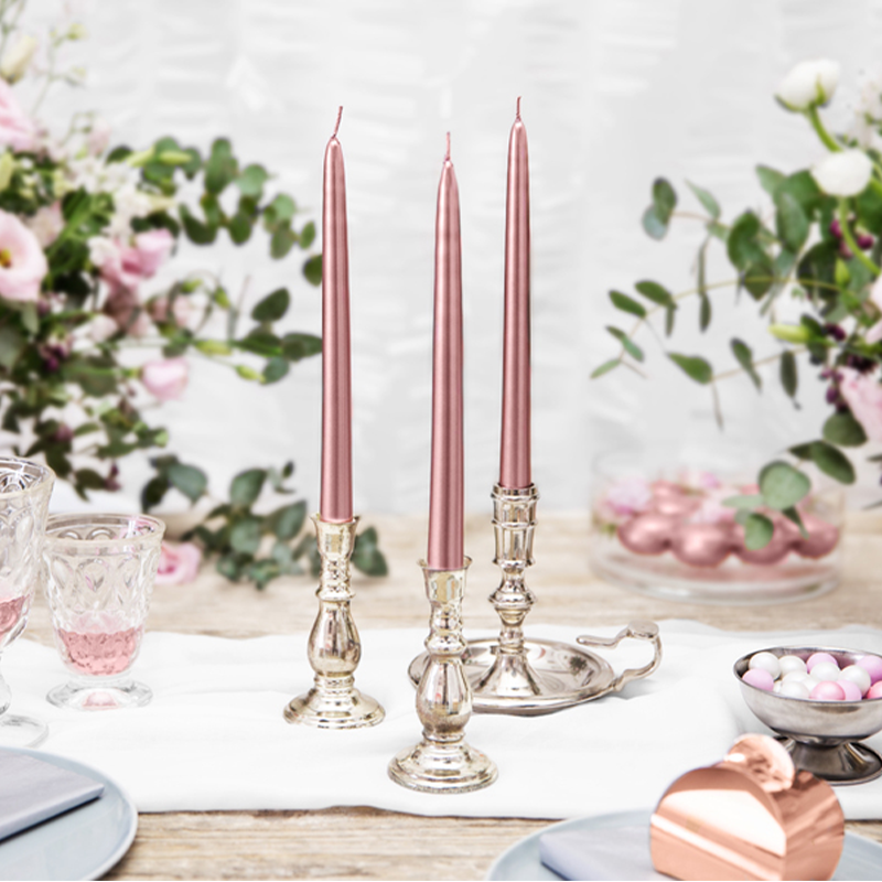Kertelys Metallisk Rosaguld - 10 stk (24 cm) | Rosaguld tema Lys / lysestager - Temashop