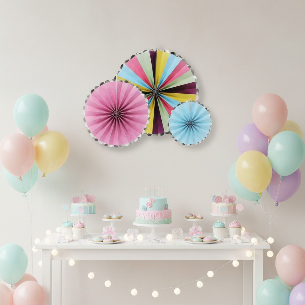 Rosetter Lyserød/Lyseblå - 3 stk (21, 25 & 30 cm) | Karneval Vifter / Rosetter - Temashop