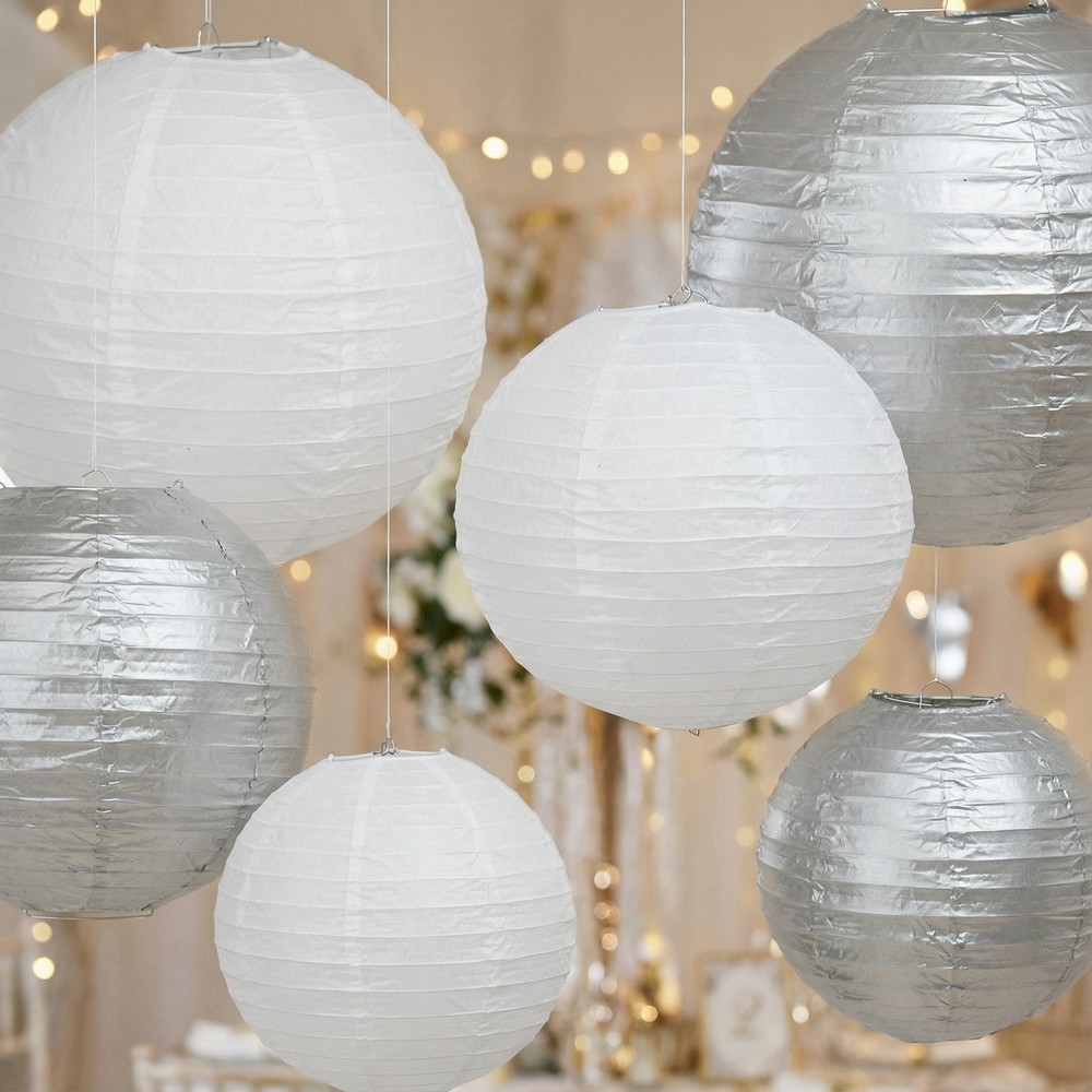 Papirslanterner Hvid/Sølv - 6 stk (20 - 30 cm) - Temashop