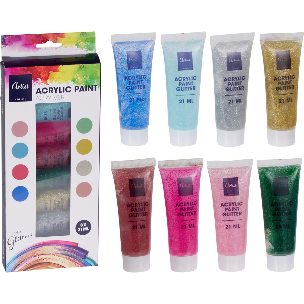 Akrylmaling Med Glimmer Sæt (21 ml) - Temashop