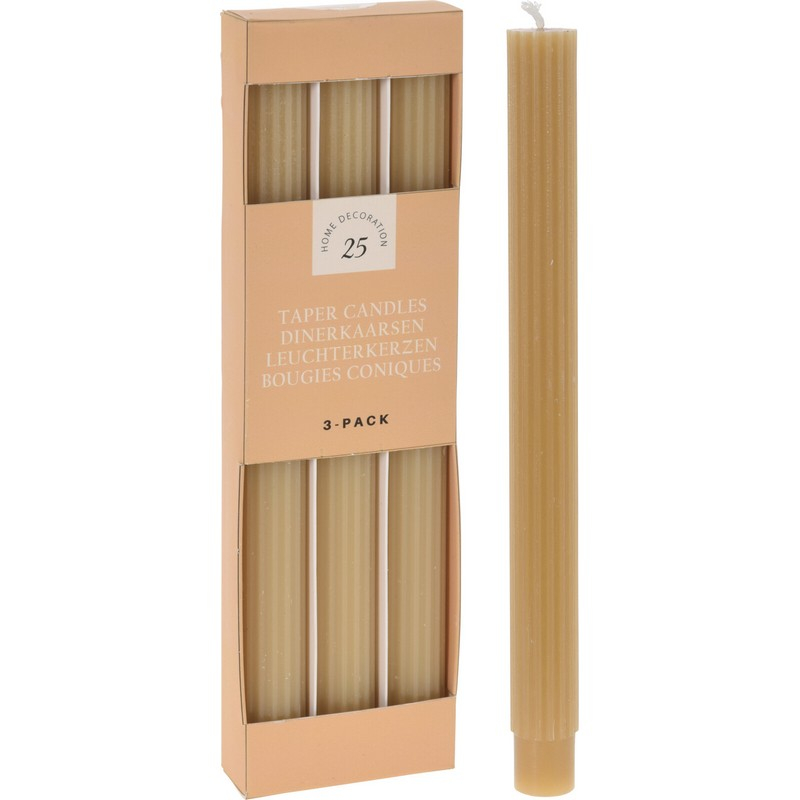 Stribede Stearinlys Khaki - 3 stk (2,5 x 23 cm) - Temashop