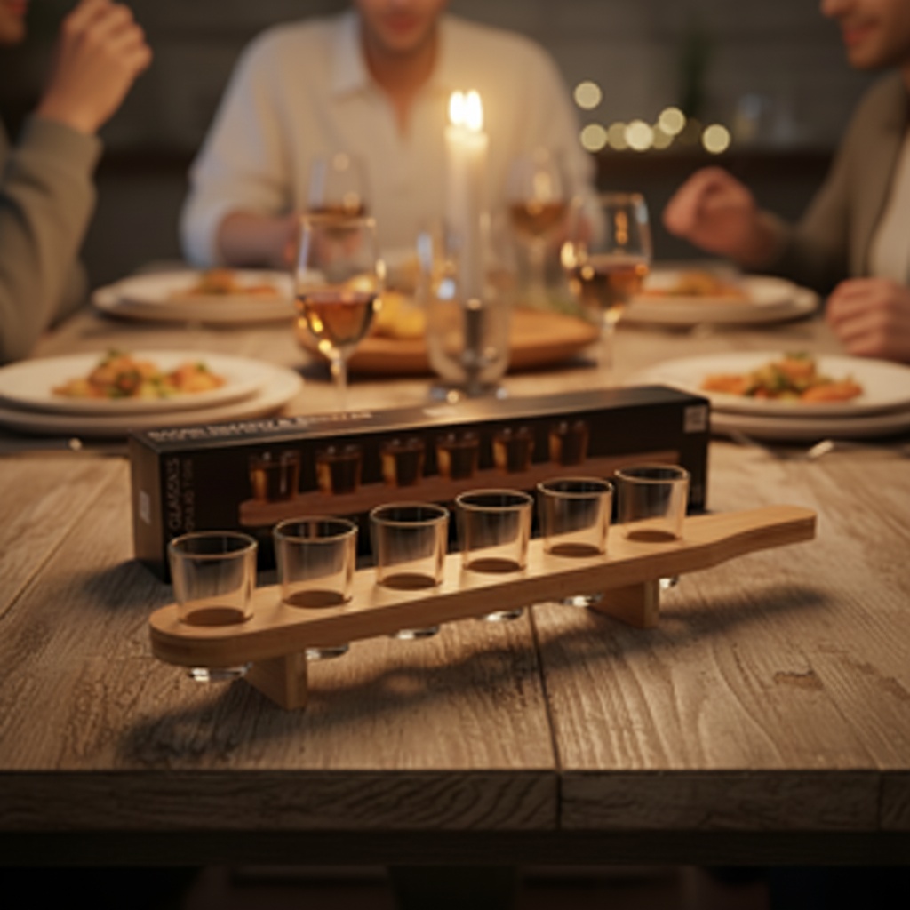 Bambusstativ & Shotglas - 7 dele (44 x 6 x 4 cm) - Temashop
