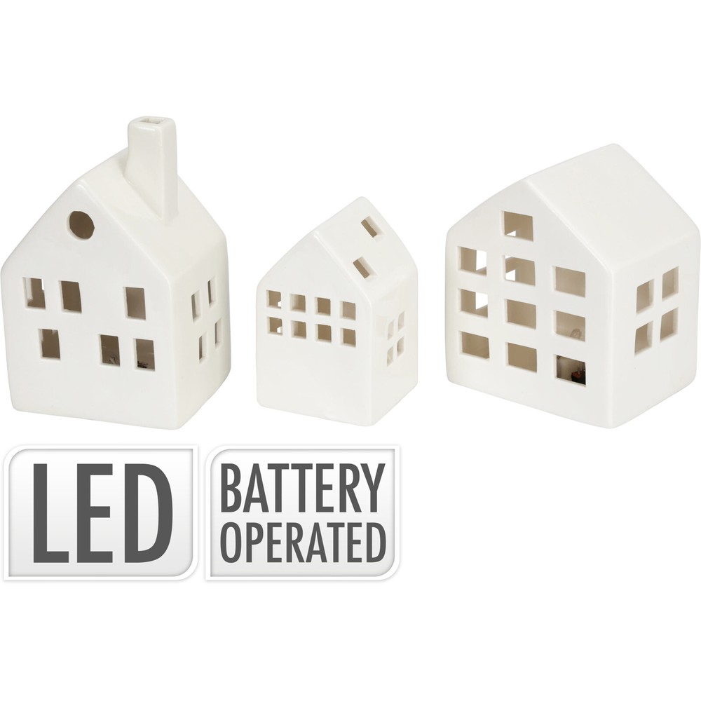Keramikhuse Med LED Hvid - 3 stk (5 - 5 cm) | Julepynt Dekorationsfigurer - Temashop