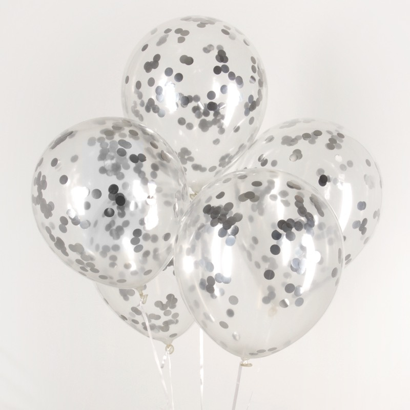 Konfetti Balloner Sølv - 5 stk (30 cm) | Sølv tema Konfettiballoner - Temashop