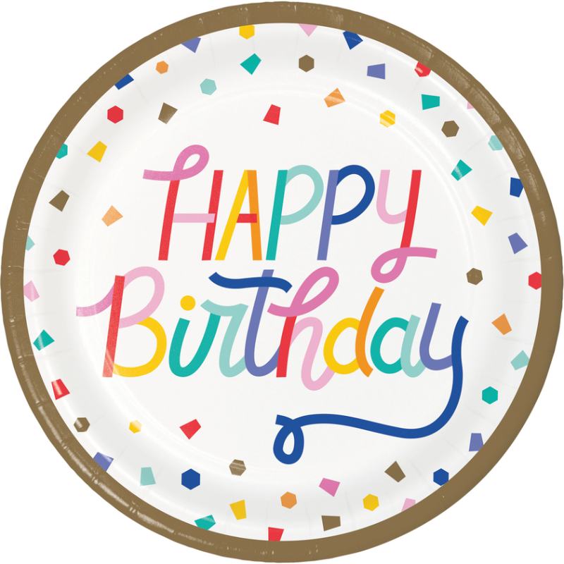 Konfetti Happy Birthday Middagstallerkener - 8 stk (23 cm) | Fødselsdag Tallerkner - Temashop