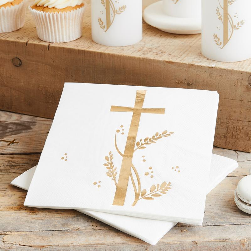 Kors Servietter Hvid/Guld - 16 stk (33 x 33 cm) - Temashop