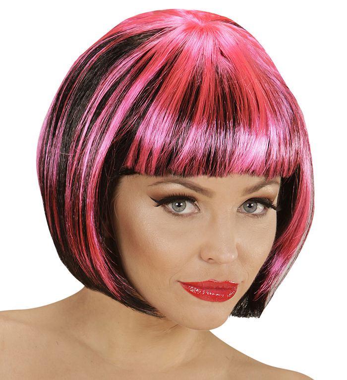 Kort Stribet Paryk Sort/Pink | 70'erne Disco Paryk - Hovedtilbehør - Temashop
