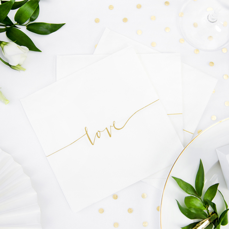 Love Servietter Guld/Hvid - 20 stk (33 x 33 cm) - Temashop