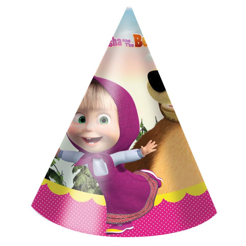 Masha Og Bjørnen Festhatte - 6 stk (17 cm) | Masha og Bjørnen Partyhatte - Temashop