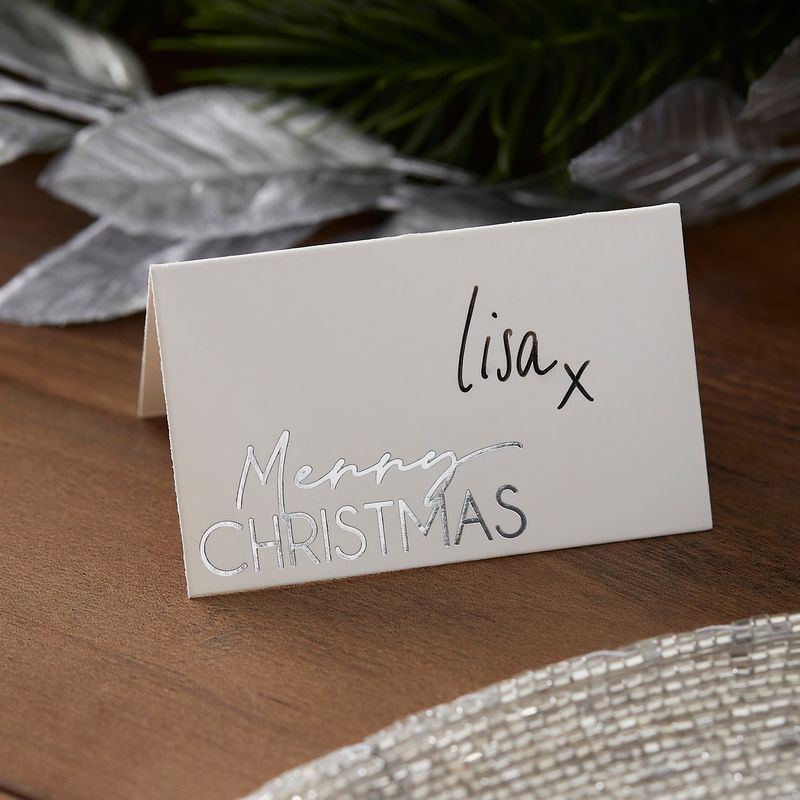 Merry Christmas Julebordkort Sølv - 10 stk (8 x 6,5 cm) | Jul Bordnumre / bordkort / holdere - Temashop