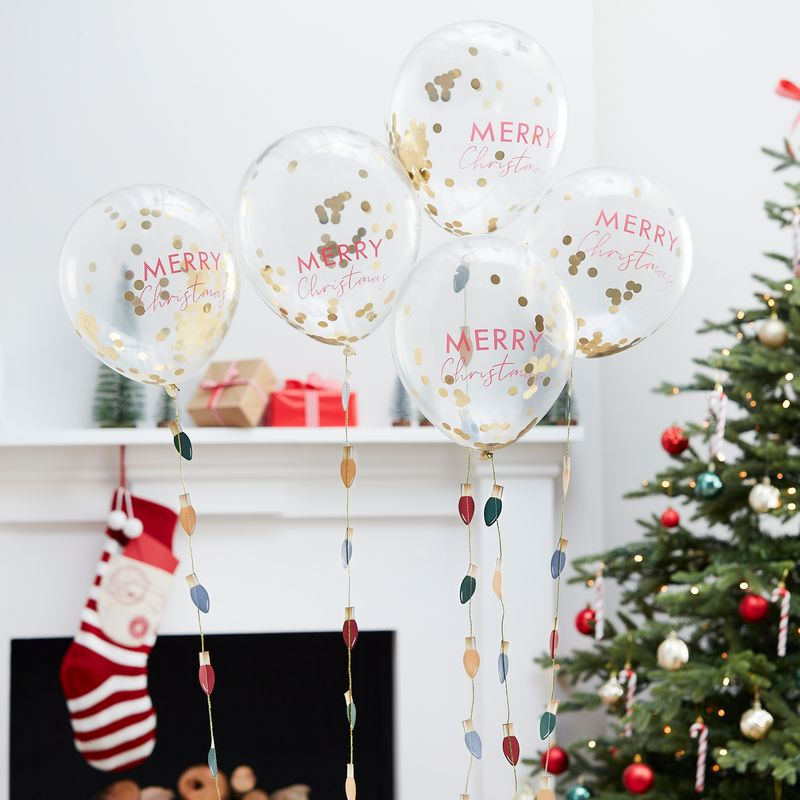 Merry Christmas Konfetti Balloner - 5 stk (30 cm) | Julepynt Konfettiballoner - Temashop