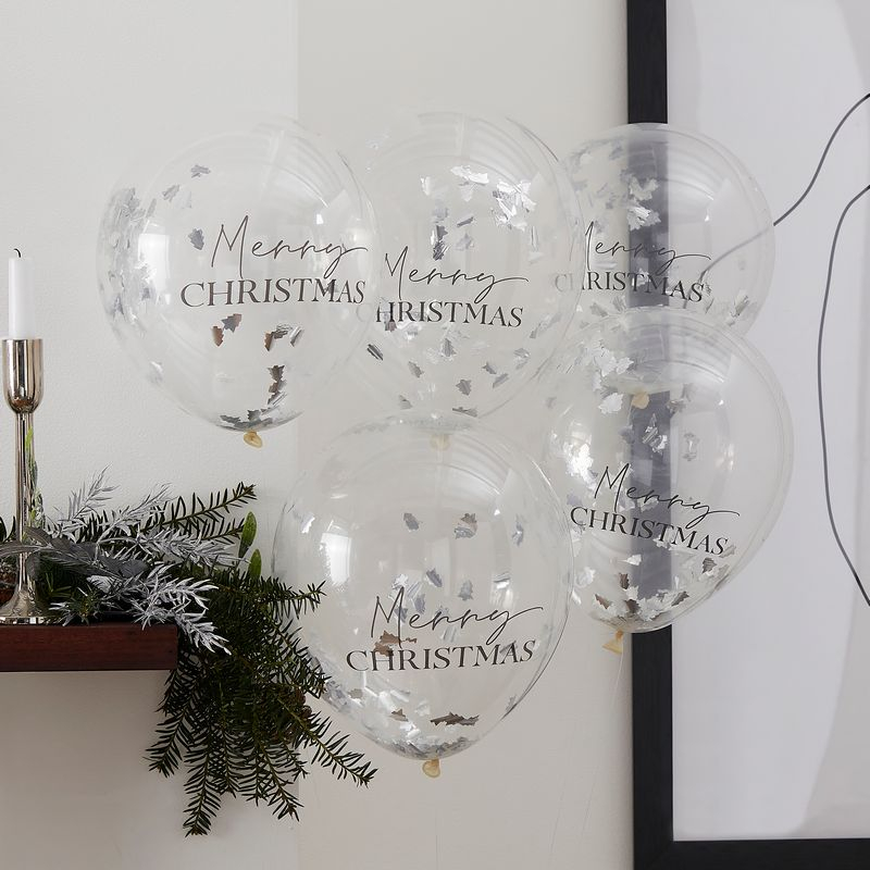 Merry Christmas Konfetti Balloner Sølv - 5 stk (30 cm) | Jul Konfettiballoner - Temashop
