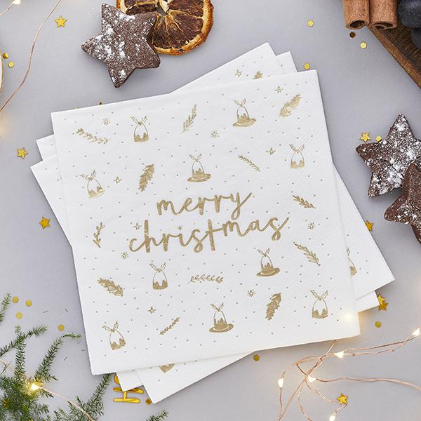 Merry Christmas Servietter Guld - 20 stk (33 x 33 cm) | Julepynt Servietter - Temashop