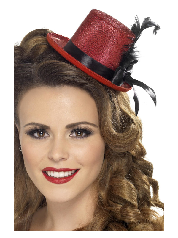 Mini Tophat Fjer Rød | Hat / Hue / Hjelm - Hovedtilbehør - Temashop
