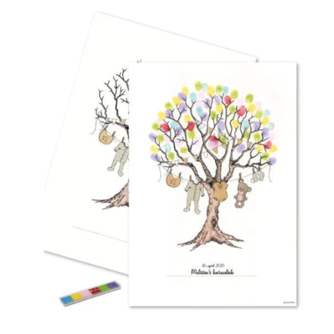 Træ Fingeraftryk Plakat Barn Multifarvet - 1 stk (29,7 x 42 cm) | Dåb Plakat - Temashop