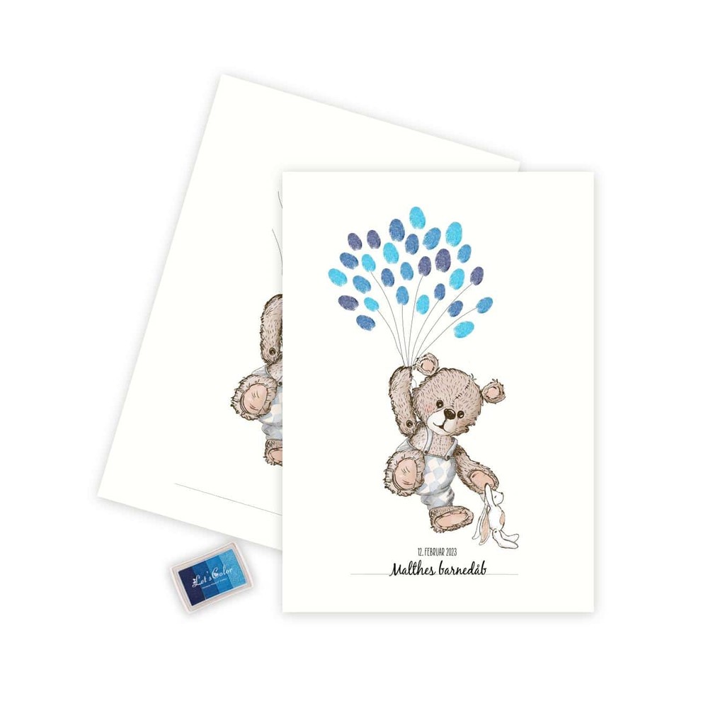 Fingeraftryk Plakat Bamse Blå A3 - 1 stk (A3 - 29,7 x 42,0 cm) | Dåb Plakat - Temashop