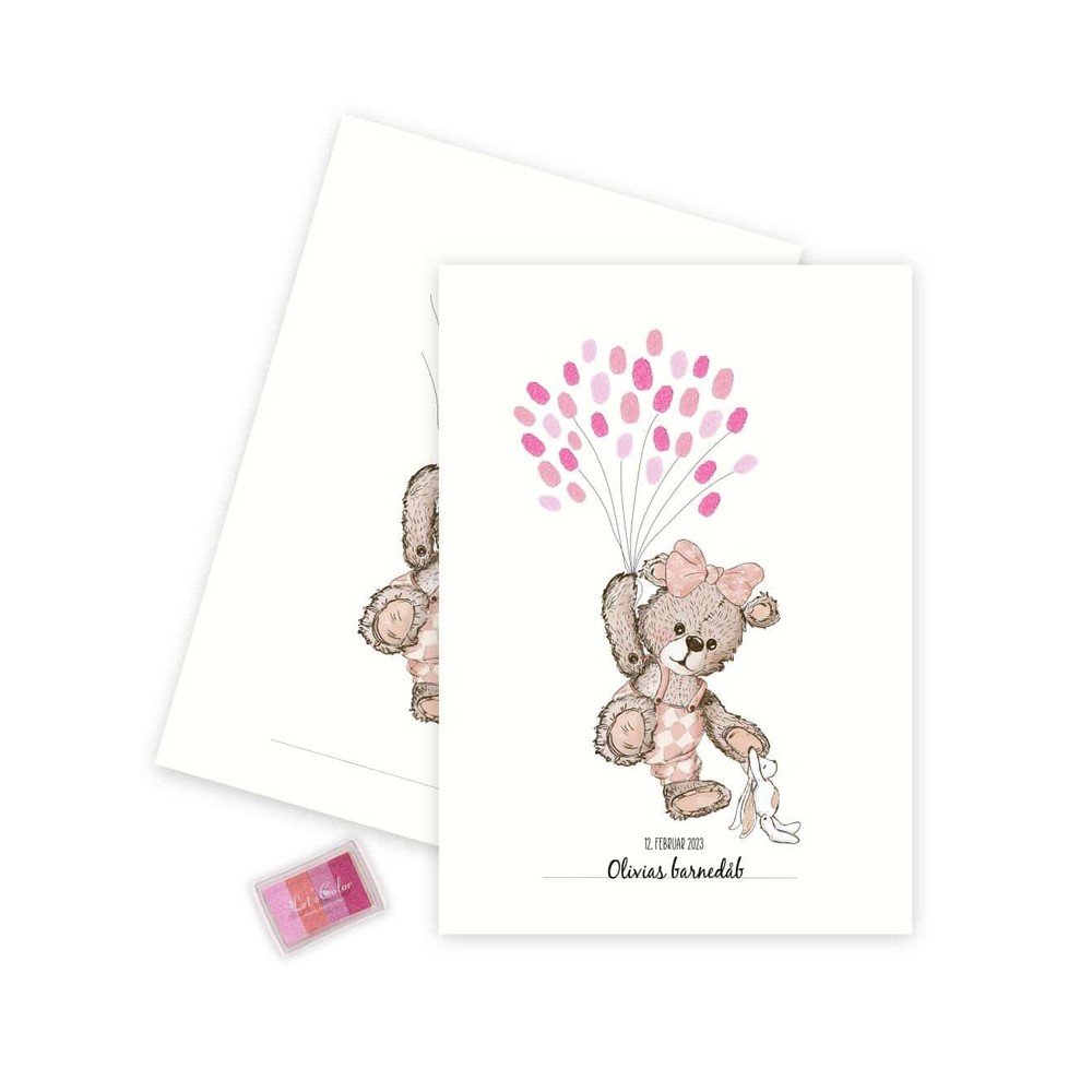 Fingeraftryk Plakat Bamse Lyserød A3 - 1 stk (A3 - 29,7 x 42,0 cm) | Dåb Plakat - Temashop