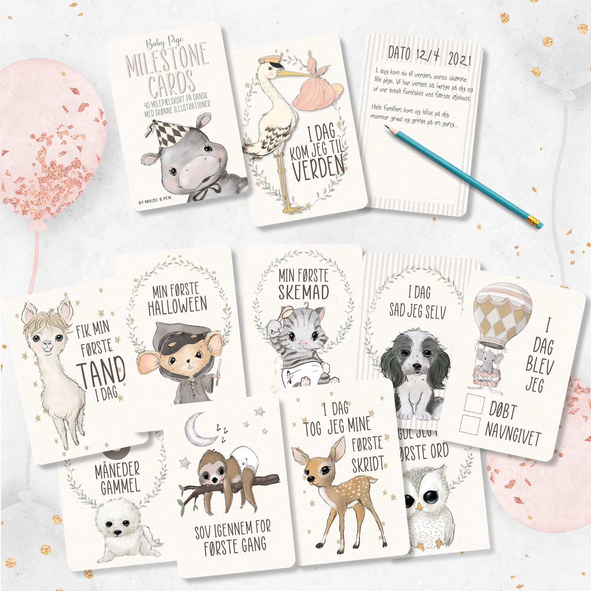 Milepæls Kort Pige - 40 stk (15 x 10 cm) | Babyshower Kort / Invitationer / Gode råd - Temashop
