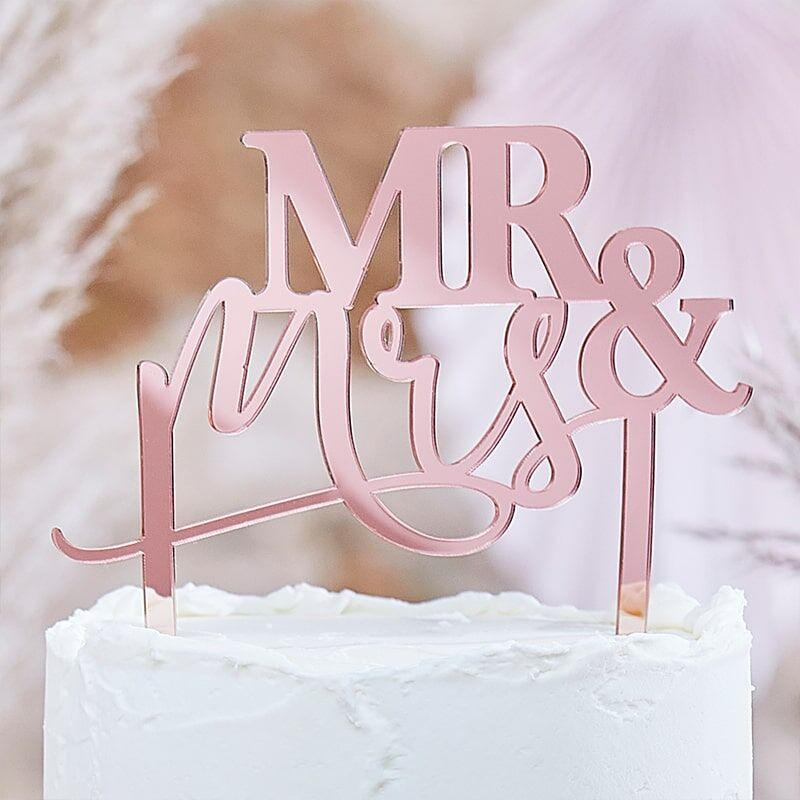 Mr & Mrs Akryl Kagetopper Rosaguld - 1 stk (15 x 16 cm) | Bryllup Kagefigur / kagetopper - Temashop