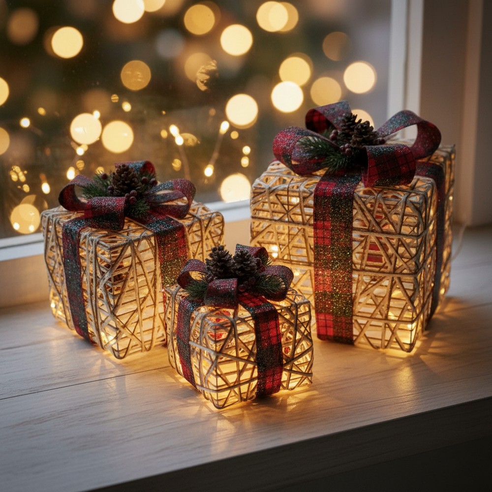 LED Julegaver Rød - 3 stk (25 x 25 cm) | Julegave Julepynt - Temashop