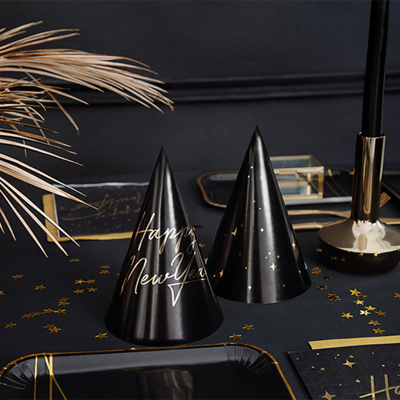 Nytårshatte, Sort & Guld - 6 stk (16 cm) | Nytår Partyhatte - Temashop