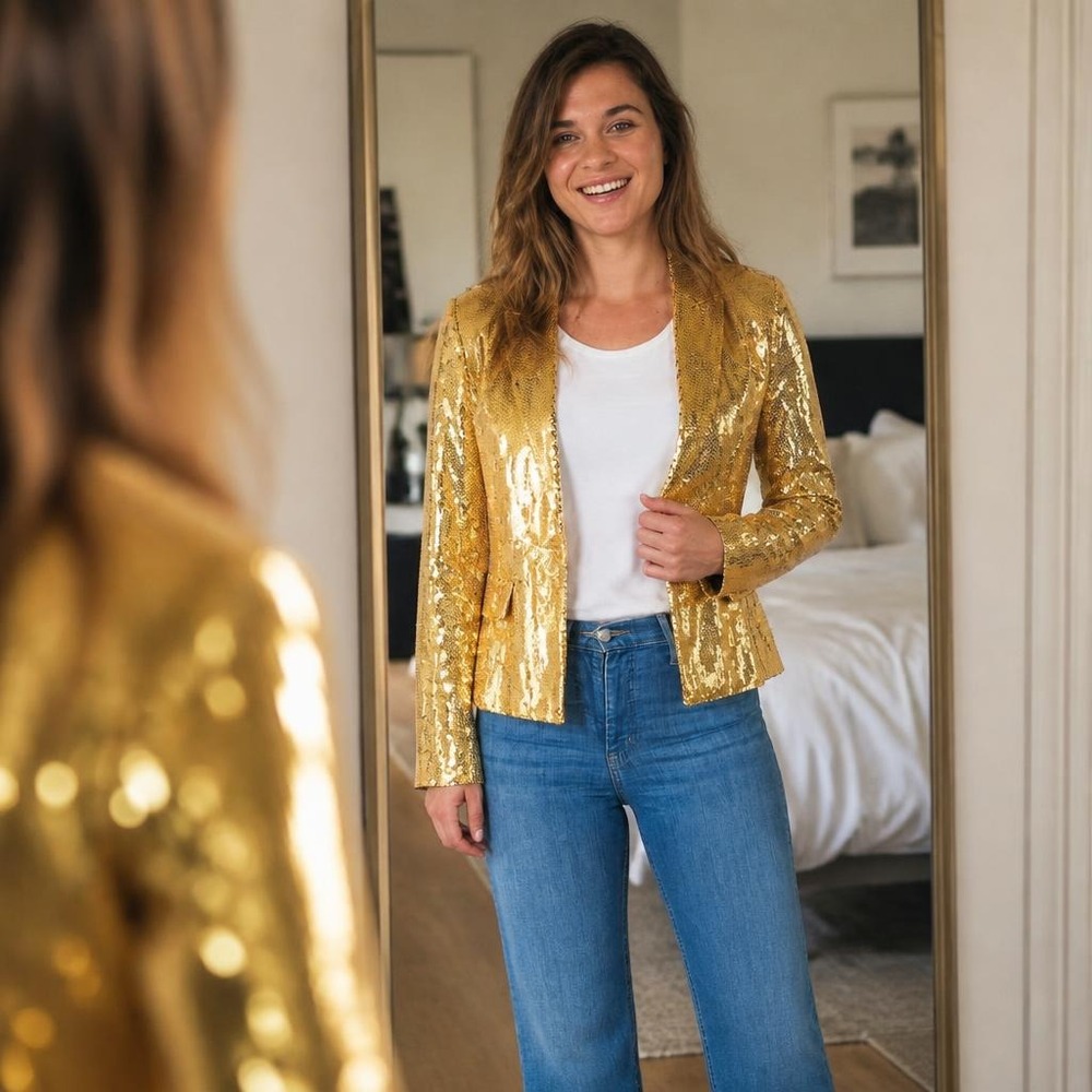 Suitmeister Golden Diva Blazer - Farvetemaer kostume til voksne i størrelserne S-XL | Guld tema kostume til kvinder - Temashop