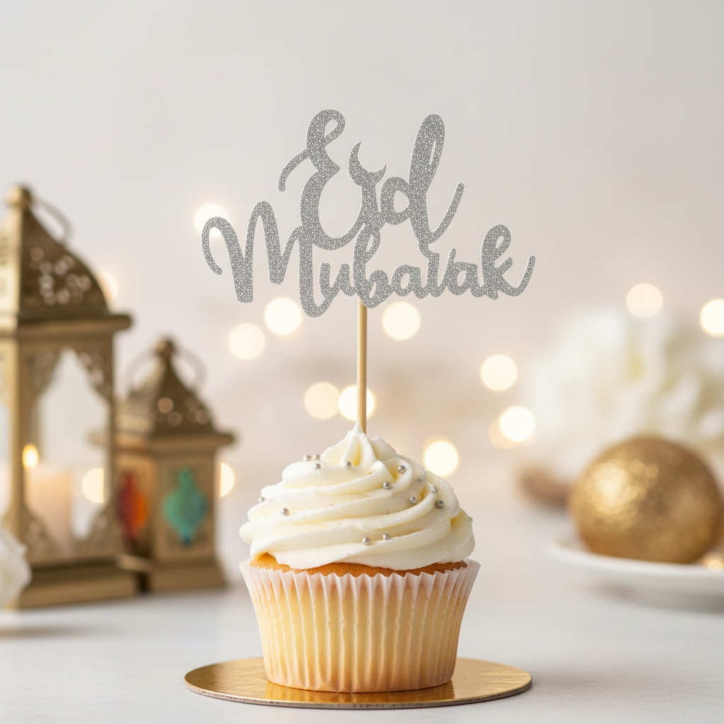 Eid Mubarak Kagetopper Sølv - 10 stk (7,5 x 3,3 cm) | Eid Kagepinde - Temashop