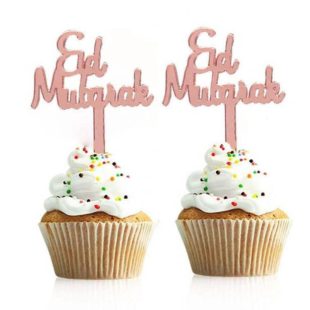 Eid Mubarak Kagepinde Rosaguld - 8 stk (2,5 x 4 cm) | Eid Kagepinde - Temashop