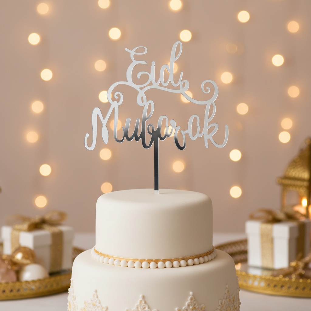 Eid Mubarak Kagetopper Sølv - 1 stk (15 x 12,5 cm) | Eid Kagefigur / kagetopper - Temashop
