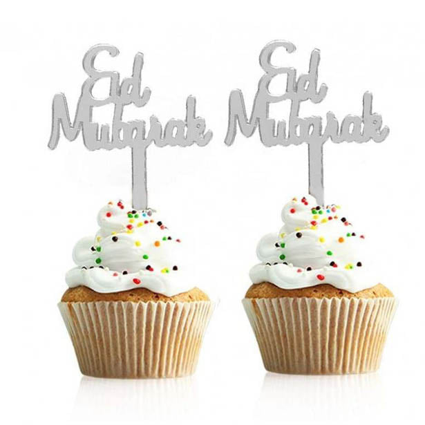 Eid Mubarak Kagetoppere Sølv - 8 stk (2,5 x 4 cm) | Eid Kagepinde - Temashop