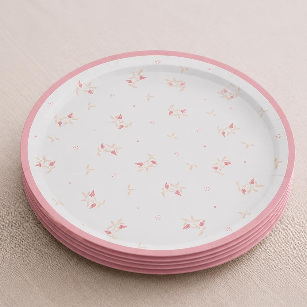 Blomster Paptallerkener Lyserød - 6 stk (Ø 23 cm) | Blomst Tallerkner - Temashop