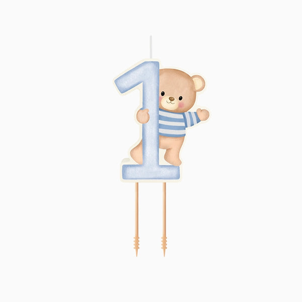 1 Års Bjørn Kagelys Blå - 1 stk (7 cm) | 1 år Kagelys - Temashop