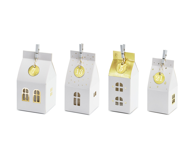 Papirhuse Julekalender Hvid Guld - 24 stk (8 x 15 x 8 cm) | Julekalender Julekalendere - Temashop