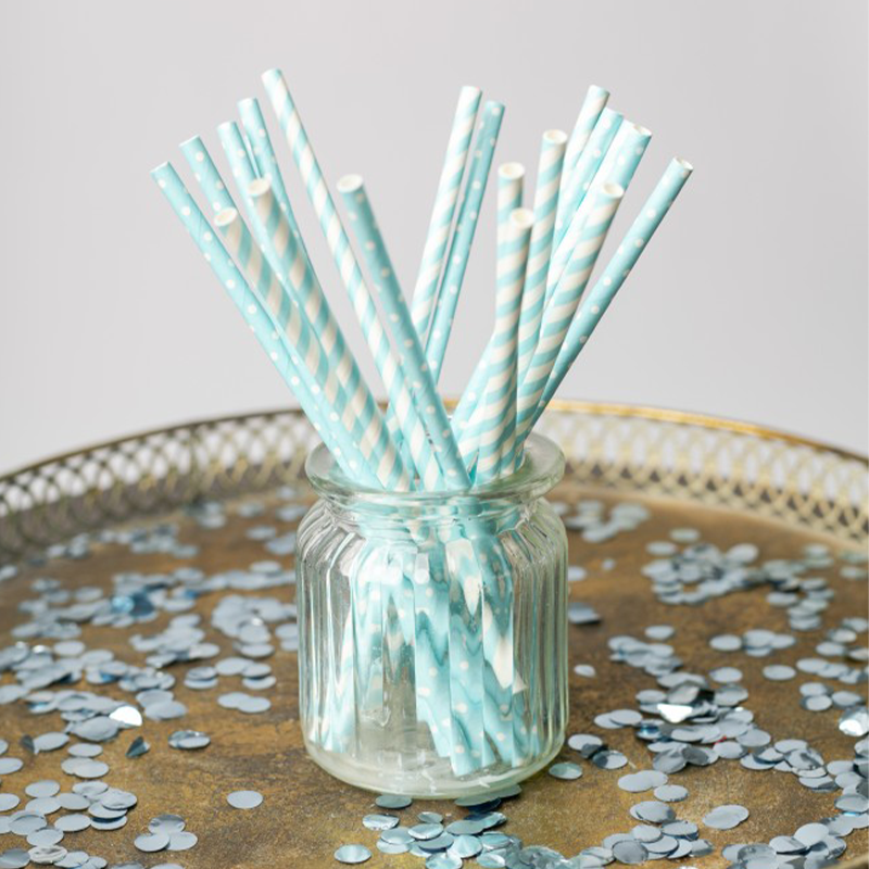 Stribede Papirsugerør Lyseblå