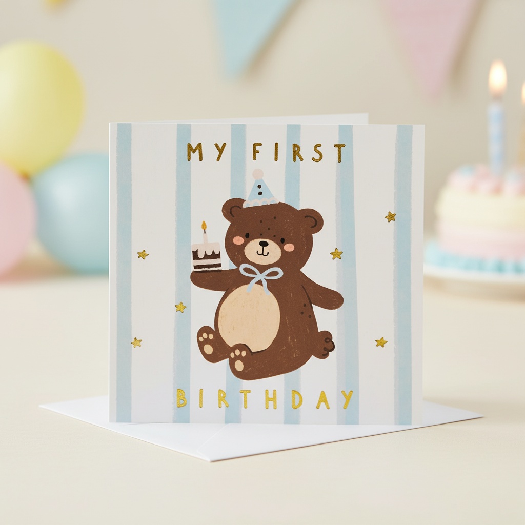 First Birthday Bamse Kort - 1 stk (14 x 14 cm) | 1 år Kort / Invitationer / Gode råd - Temashop