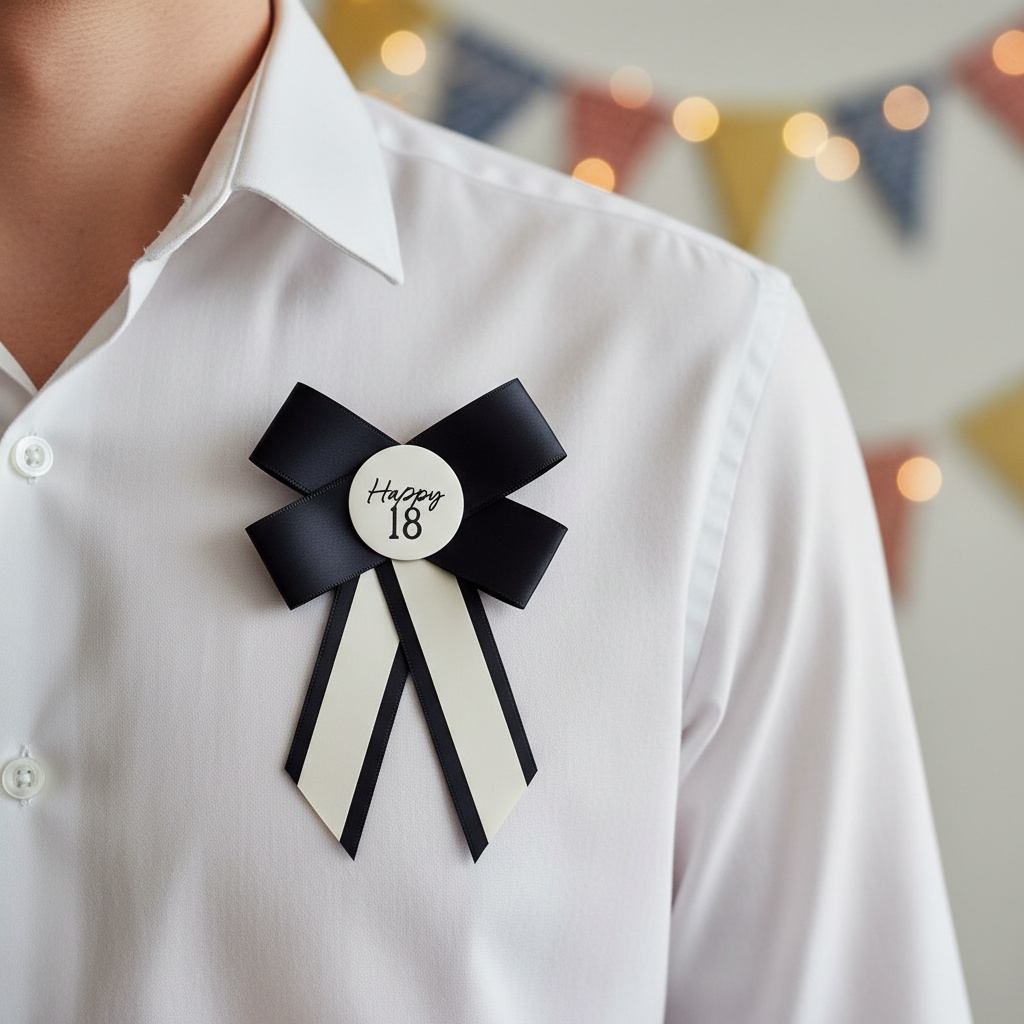 18th Birthday Medaljerosette Sort/Hvid (11 x 17 cm) | 18 år Badges / Brocher - Smykker - Temashop